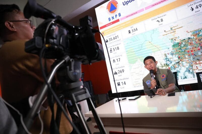 Kepala BNPB Letjen TNI Suharyanto S.Sos., M.M., memberikan keterangan resmi terkait gempabumi M 6.1 Garut dari Posko Darurat Gempabumi M 5.6 Cianjur, Pendopo Bupati Cianjur, Jawa Barat, Sabtu (3/12).