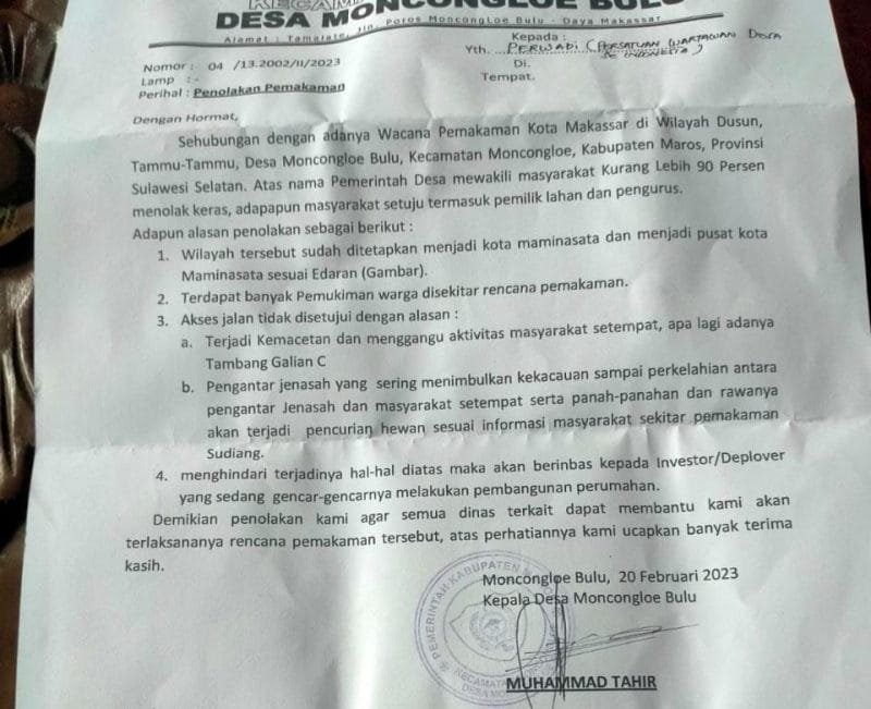 Surat Penolakan Kepala Desa Moncongloe Bulu Yang Beredar.(dok_Nur)