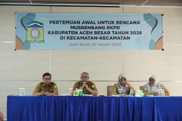 Pj Bupati Aceh Besar Muhammad Iswanto SSTP MM yang diwakili Asisten I Bidang Pemerintahan Farhan AP, memimpin pertemuan awal perencanaan Musrenbang RKPD tahun 2026 di aula Bappeda Aceh Besar, Kota Jantho, Selasa (07/01/2025). FOTO/MC ACEH BESAR