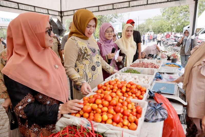 Ketua Tim Penggerak PKK Aceh, Ny. Marlina Muzakir, melakukan peninjauan harga kebutuhan bahan pokok sekaligus berbelanja  jelang Idul Fitri, di Pasar Tani exspo Bank Aceh Lampineung, Banda Aceh, Kamis 27 Maret 2025. Foto: Dok. Prokopim Setda Aceh