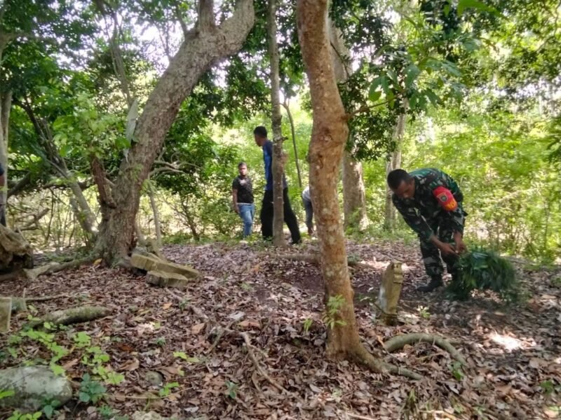 personel Koramil 01/Seulimeum Kodim 0101/KBA bersama masyarakat Gampong Beureunuet melaksanakan kegiatan Meuseuraya (gotong royong) membersihkan kompleks makam bersejarah peninggalan era Kesultanan Samudera Pasai dan Lamuri yang terletak di Kecamatan Seulimeum, Kabupaten Aceh Besar, Selasa (15/7/25).