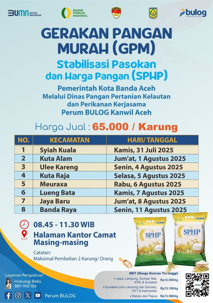 Daftar harga HET di setiap kecamatan masing-masing Kota Banda Aceh, kamis,(31-07-2025).