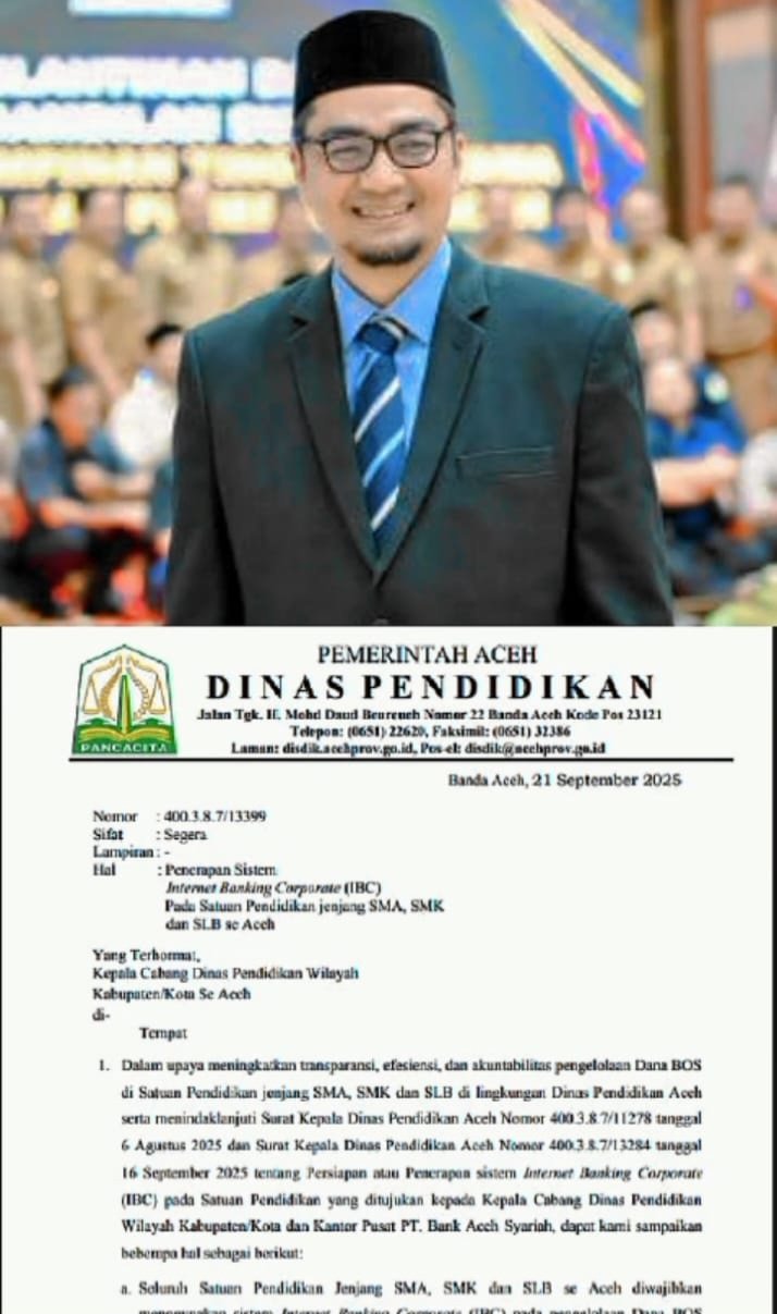 Penerapan sistem transaksi non tunai ini akan mulai berlaku efektif pada 1 Januari 2026.Kebijakan tersebut disampaikan melalui Surat Kepala Dinas Pendidikan Aceh Nomor 400.3.8.7/13399 tanggal 21 September 2025 yang ditandatangani Kepala Disdik Aceh, Marthunis, S.T., D.E.A.