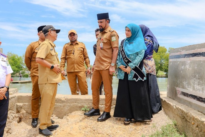 Iskandar Usman Al-Farlaky, S.H.I., M.Si., bersama Ketua TP-PKK Kabupaten Aceh Timur meninjau langsung kondisi Jembatan Gampong Naleung di Kecamatan Julok, Senin (7/10/2025).