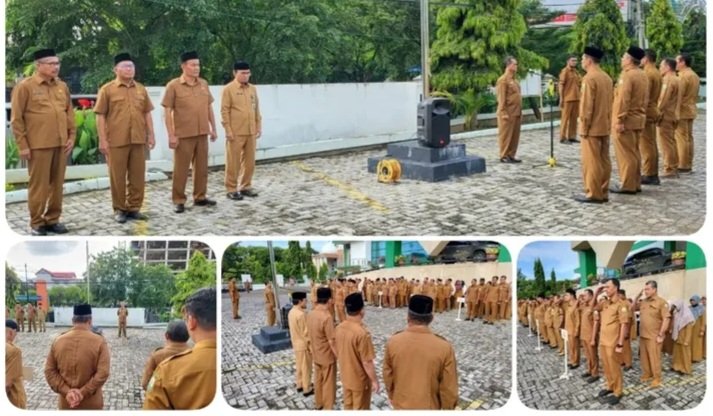 Kepala Dinas Syariat Islam (DSI) Aceh, Zahrol Fajri, S.Ag., MH, memberikan sambutan sekaligus memimpin apel pagi di halaman kantor DSI pada hari Senin, (24/11/2025).