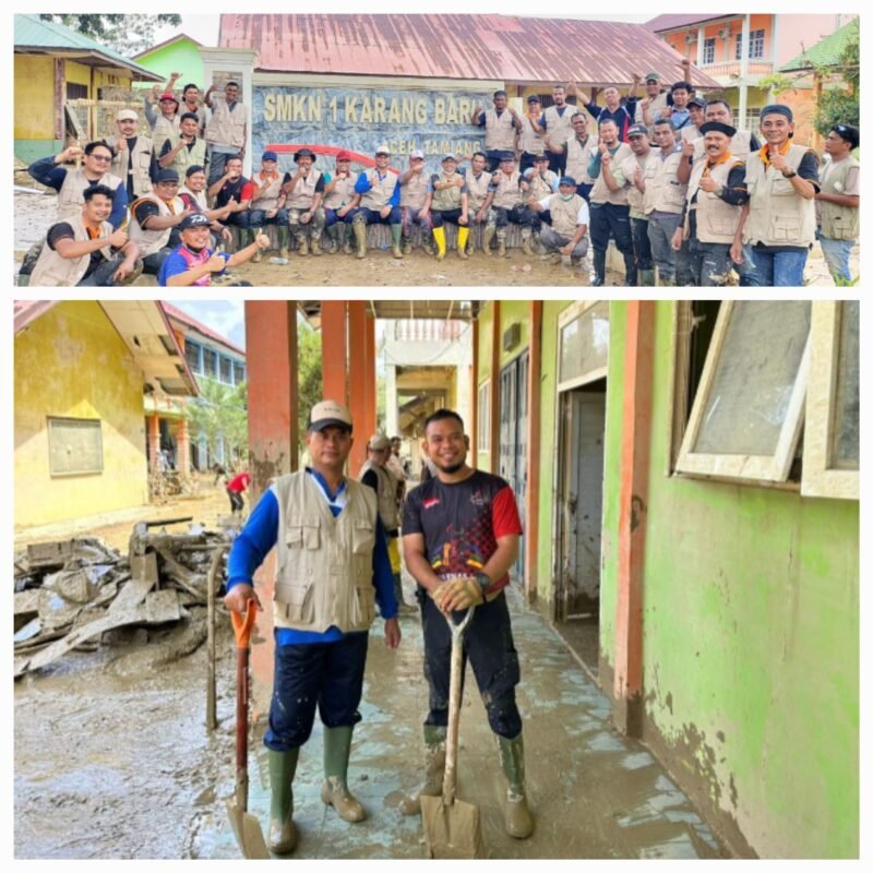 Kepala Dinas Syariat Islam (DSI) Aceh, Zahrol Fajri, S.Ag., MH, memimpin langsung 50 ASN DSI, kegiatan gotong royong tahap II yang difokuskan di SMKN 1 Karang Baru, Aceh Tamiang, pada Sabtu (03/01/2026).