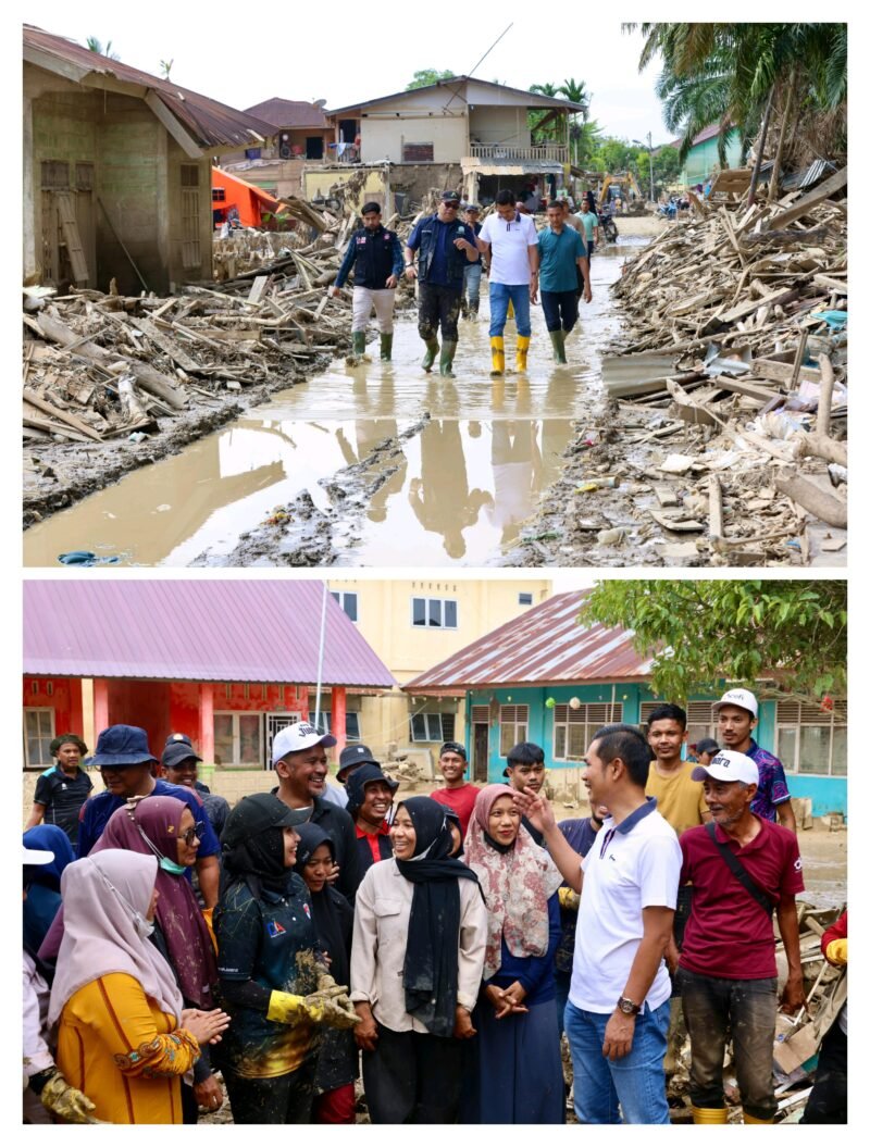 Sekretaris Daerah (Sekda) Aceh, M. Nasir, S.IP., MPA., bersama Asisten I Sekda Aceh, Syakir, memantau kegiatan gotong royong Aparatur Sipil Negara (ASN) Pemerintah Aceh membersihkan sekolah-sekolah dari lumpur sisa banjir di Kabupaten Aceh Tamiang, Minggu (4/1/2026).