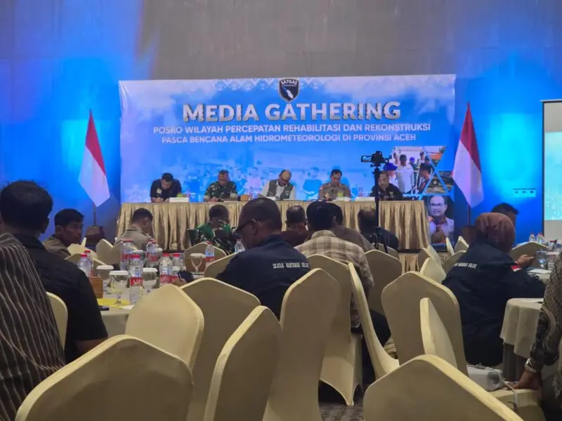 Safrizal dalam acara media gathering yang berlangsung di Hotel The Pade, Aceh Besar, Selasa (7/4/2026).
