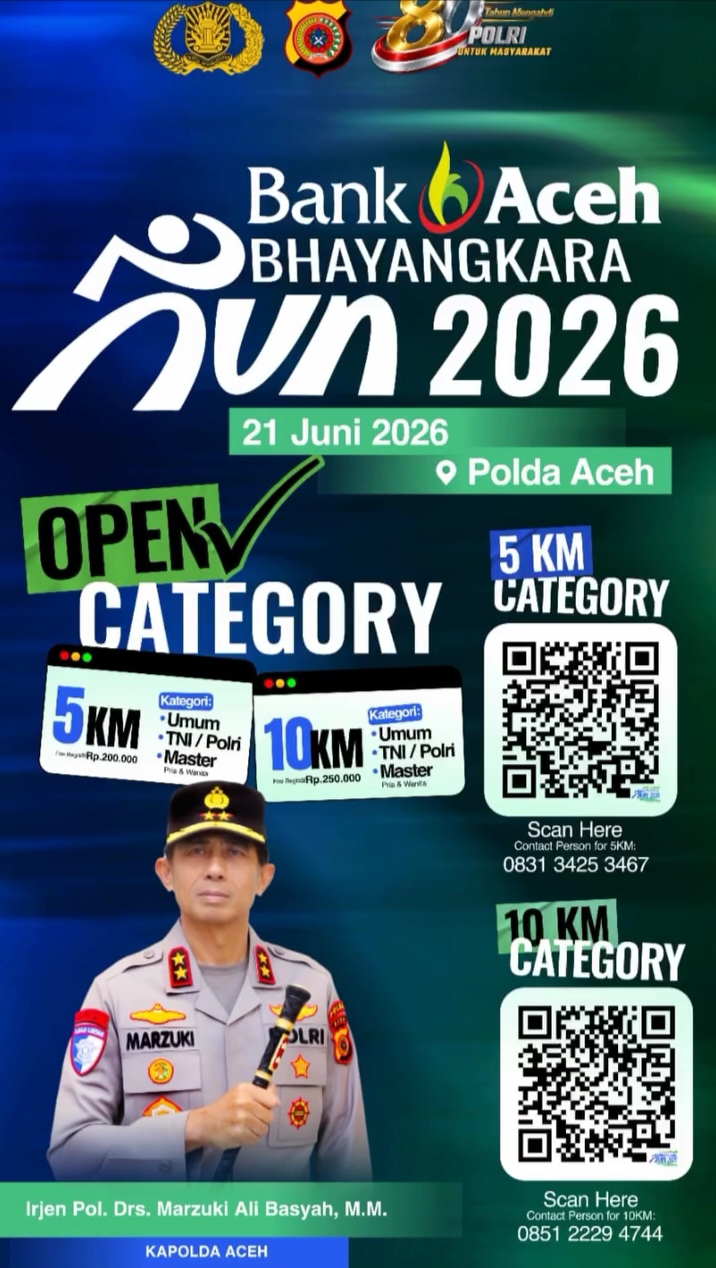menyambut Hari Bhayangkara ke-80 Tahun 2026, Polda Aceh akan menggelar Bhayangkara Run 2026 pada 21/6/2026.