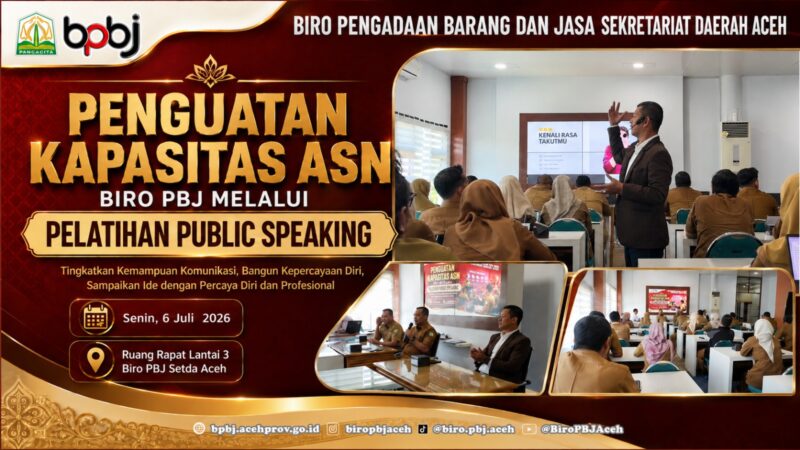 ASN Biro Pengadaan Barang dan Jasa Sekretariat Daerah Aceh mengikuti pelatihan public speaking di Ruang Rapat Lantai 3 Biro PBJ Setda Aceh, Senin (6/7/2026)