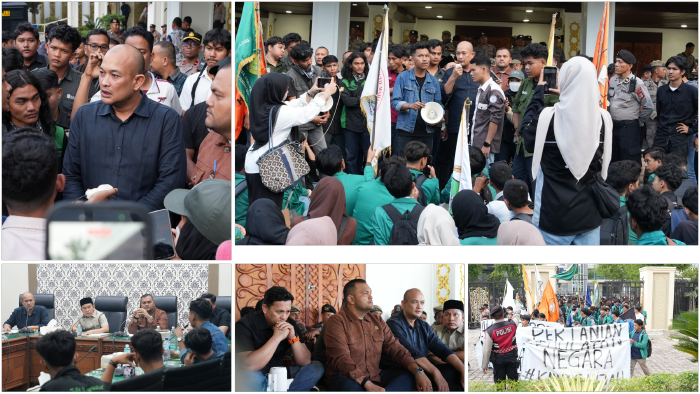 Anggota DPRA kembali menerima penyampaian aspirasi dari sekitar 350 mahasiswa yang tergabung dalam Aliansi Mahasiswa Peduli Agraria di Gedung DPRA, Banda Aceh, Kamis (01/10/2026).